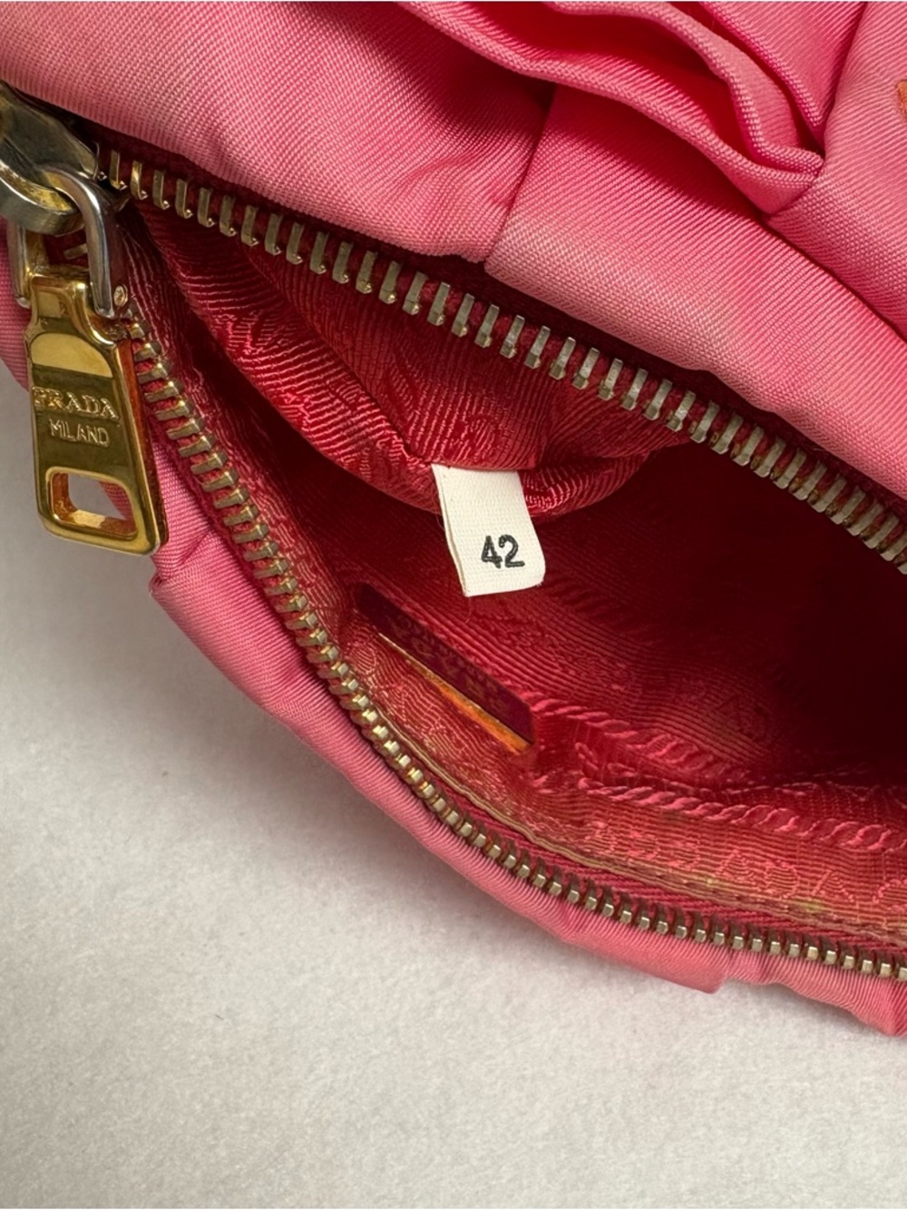 PRADA Pink Nylon Flat Bow Pouch Leather Wristlet Strap Ribbon - Picture 12 of 14